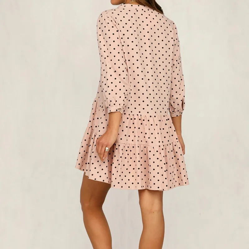 

2021 New Casual Summer Dress Women Single Breasted Dot Print Above Knee Mini V-neck Three Quarter Sleeve Dress