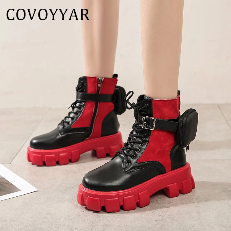 

Женские ботильоны на платформе COVOYYAR, красные и черные короткие ботинки в готическом стиле, на шнуровке, с карманами, большие размеры 43, модел...