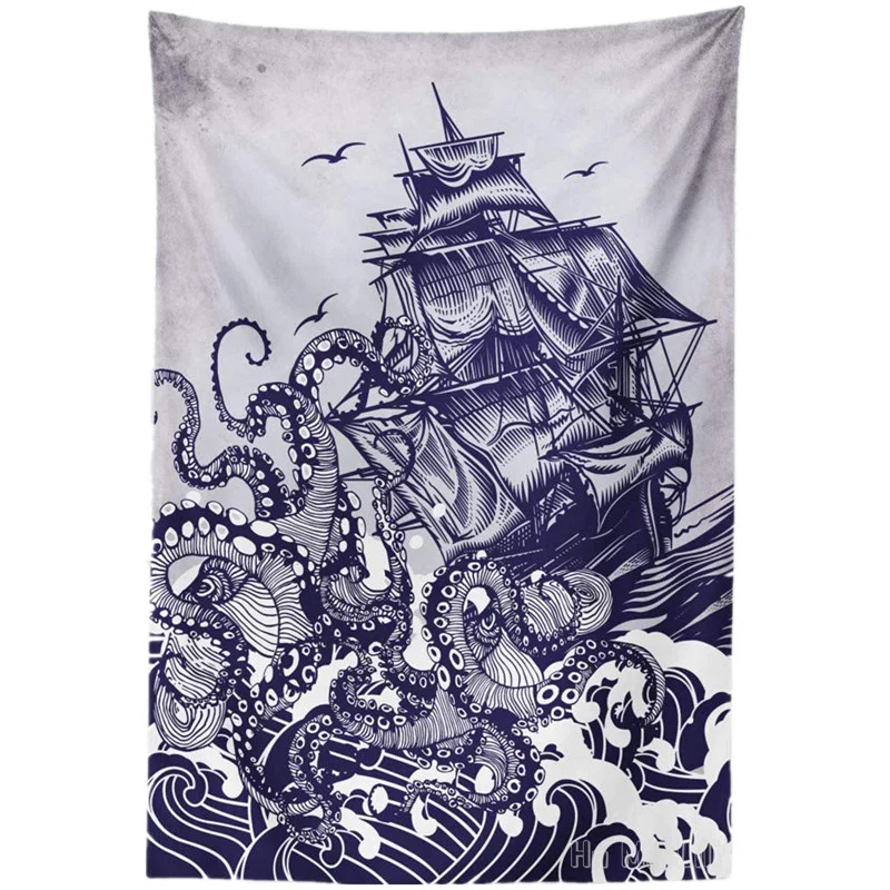 

Octopus And Ship Marine With Wavy Ocean By Ho Me Lili Tapestry For Room Dorm Decor