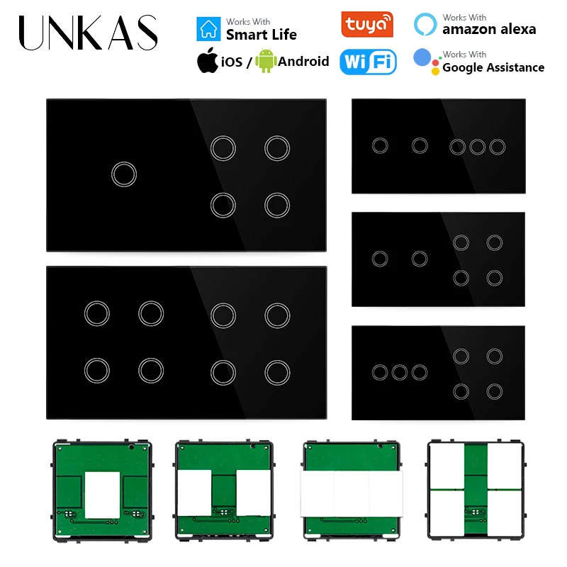 UNKAS Modules DIY Free Combination 2 3 4 5 6 7 8 Gang EU Wifi Touch On / Off Smart Switch Black Glass 157mm Panel Outlet