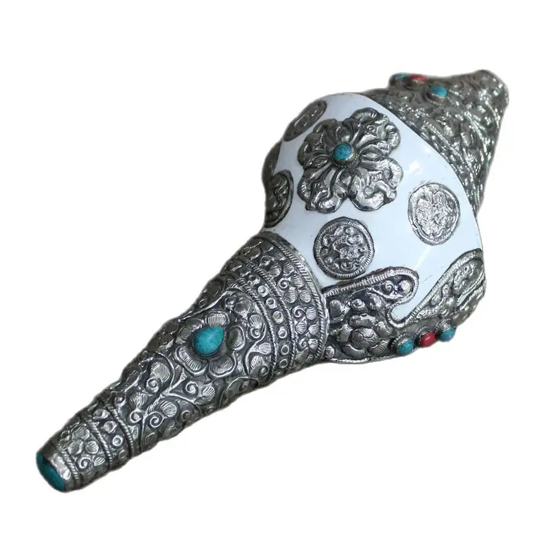 

Turquoise Inlaid Tibet Silver Bag Conch Adornment Fengshui Decoration