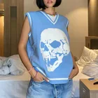 Жилет женский оверсайз с принтом, вязаный джемпер без рукавов, с V-образным вырезом, в стиле преппи, винтажная модная одежда в стиле Харадзюку, на осень