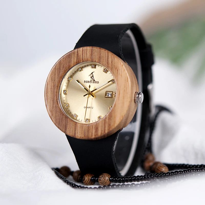 

BOBO BIRD Wood Watch Montre Femme Women Quartz Watches Black Leather Strap Fashion Ladies Wristwatch Dropshipping Reloj Mujer