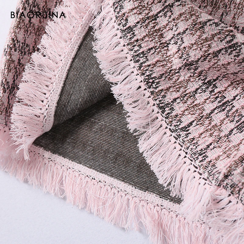 BIAORUINA женское шикарное твидовое лоскутное прямое мини-платье с кисточками