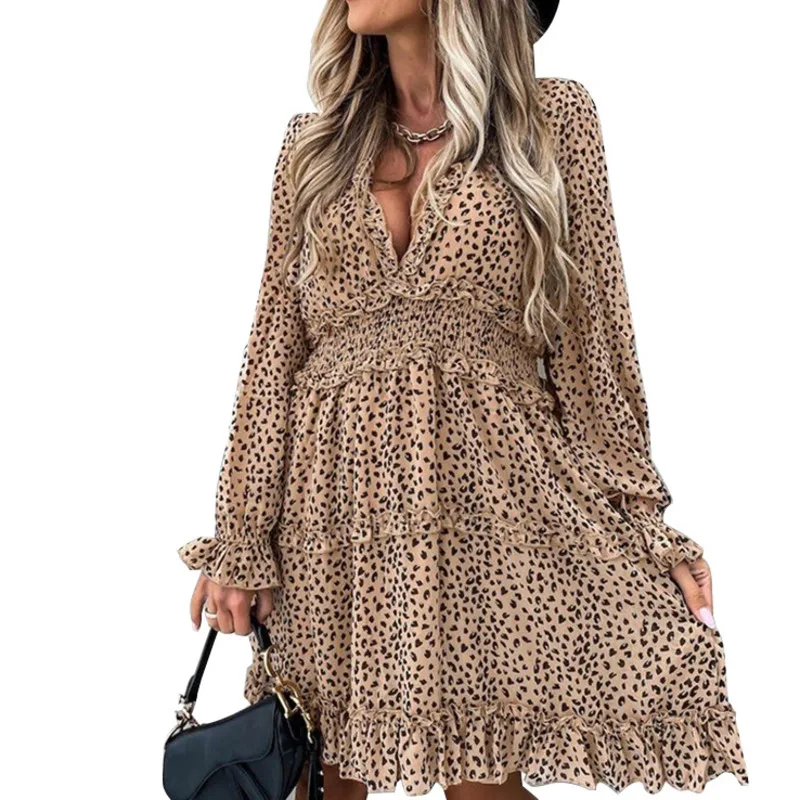 

Women Autumn Dot Dresses 2021 Design New Sexy V-Neck Long Sleeve Ruffles Loose Leopard Print Dress Casual Beach Vestidos