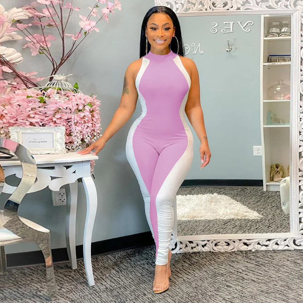 

2021 Summer Women Skinny Jumpsuit Contrast Colors Print Turtleneck Sleeveless Slimming Waist Bodycon Rompers Nightclub Party