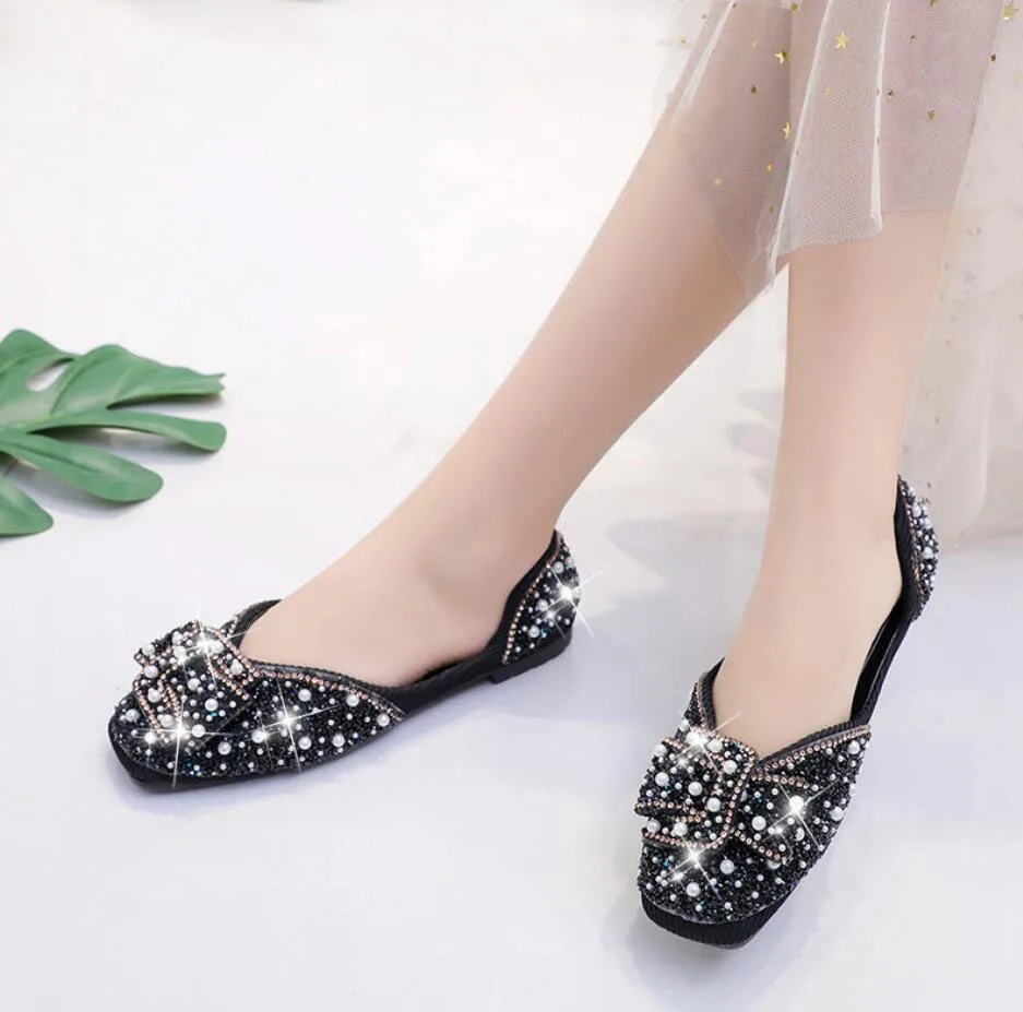 Мокасины женские с квадратным носком лоферы жемчугом плоская подошва стразы