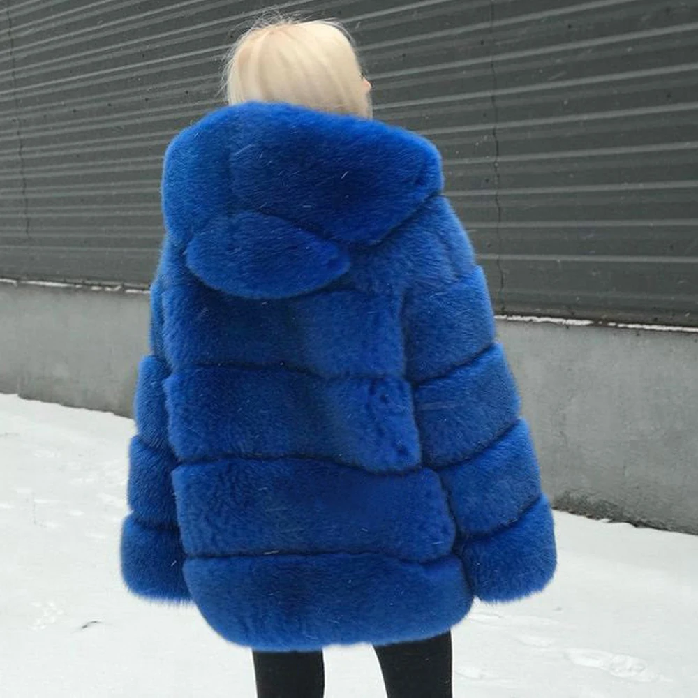 Medium Length Real Fox Fur Jacket with Big Hood Thick Warm Fur Overcoat Woman Natural Whole Skin Genuine Fox Fur Coat Female