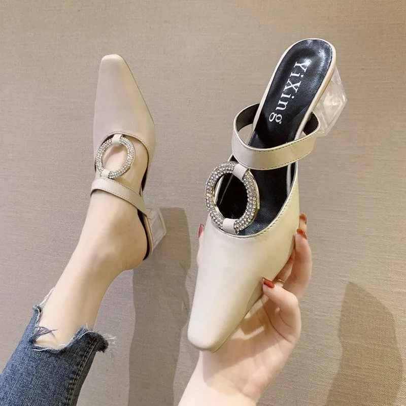 

Europea Fashion Mid Heel Slippers Outdoor Wearing Square Toe Woman Slides Summer Mules Shoes Slip on For Female Black Beige