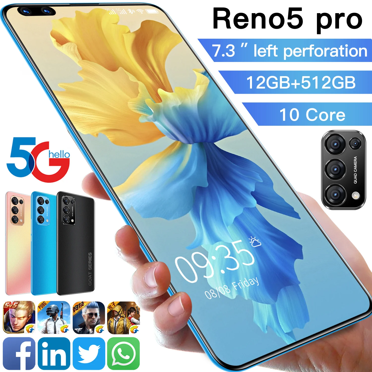 

Smartphones Reno5Pro 7.3 Inch 12+512GB HD Screen 5G Net Cellphone Face ID 5000mAh Fast Charging Dual SIM Android10 Mobile Phone