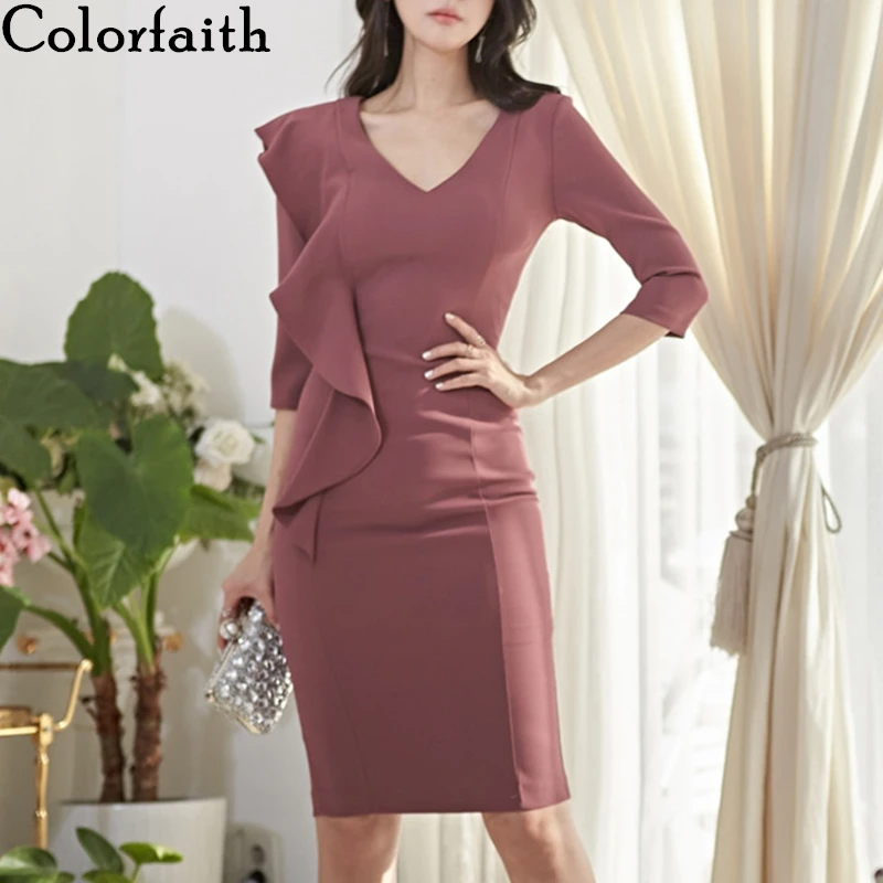 Женское платье с оборками Colorfaith элегантное однотонное v образным вырезом и
