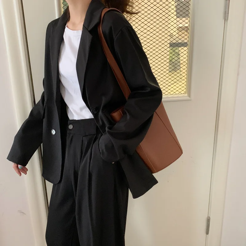

Women Blazers Double Breasted OL Solid Loose Simple Casual Outwear Females All-match Korean Style Blazer Womens Ulzzang Fashion