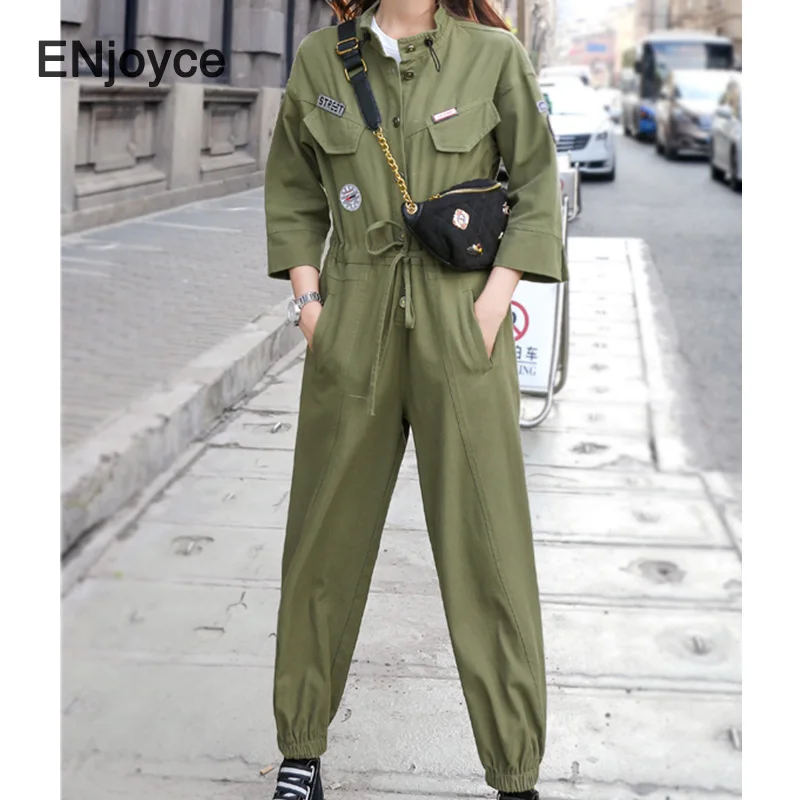 

Spring Fall Jumpsuit Women Vintage Green Double Drawstring High Waist Woman 3/4 Sleeve Loose Cargo Pants Playsuit Jump Suits
