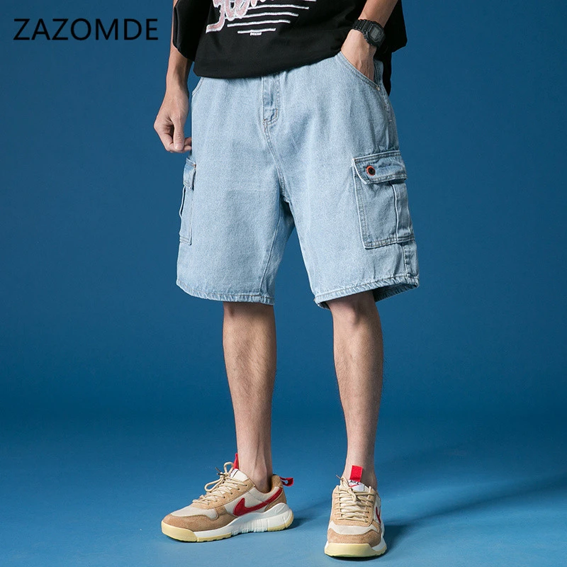 Мужские джинсовые шорты багги синие свободные карго в стиле хип хоп с карманами