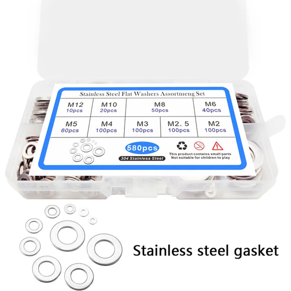 

580PCS Stainless Steel 304 Flat Washer Gasket Box