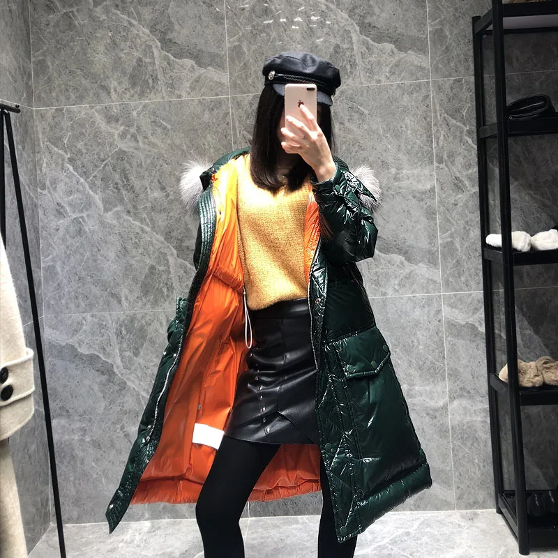 Толстая парка пальто Длинная зимняя Глянцевая куртка для женщин блестящая с