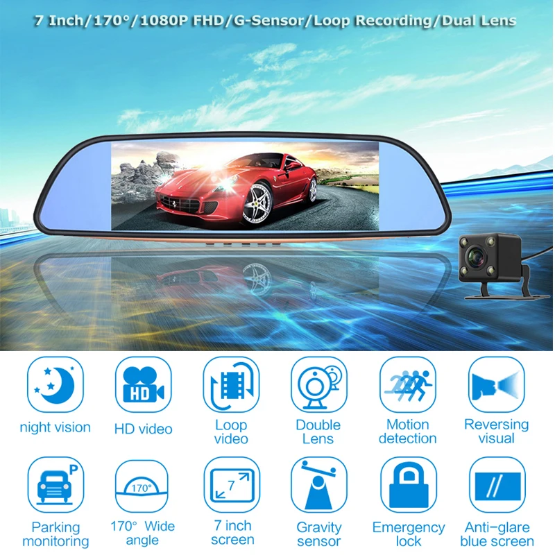 7 дюймов Full HD сенсорный Экран DVR 1080P Фронтальная камера заднего вида Синий Зеркало