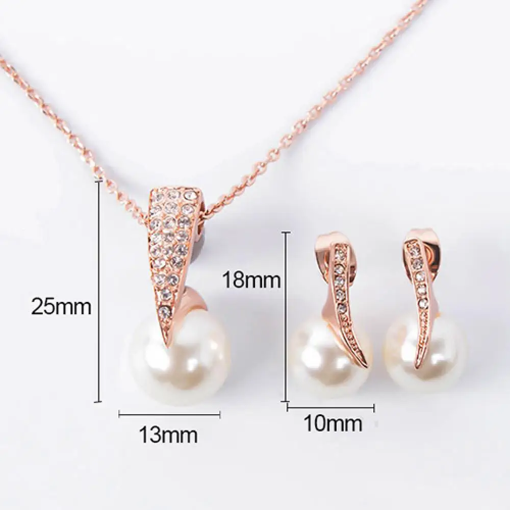 

80% Hot Sale Wedding Jewelry Set Bride Rose Gold Crystal Faux Pearl Pendant Necklace Earrings