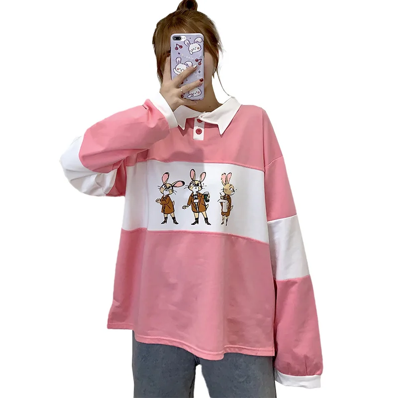 

Spring Autumn Color Matching Loose Pullover Cartoon Printing POLO Collar Thin Bottoming Shirt Long-Sleeved Top Women Sweatshirt