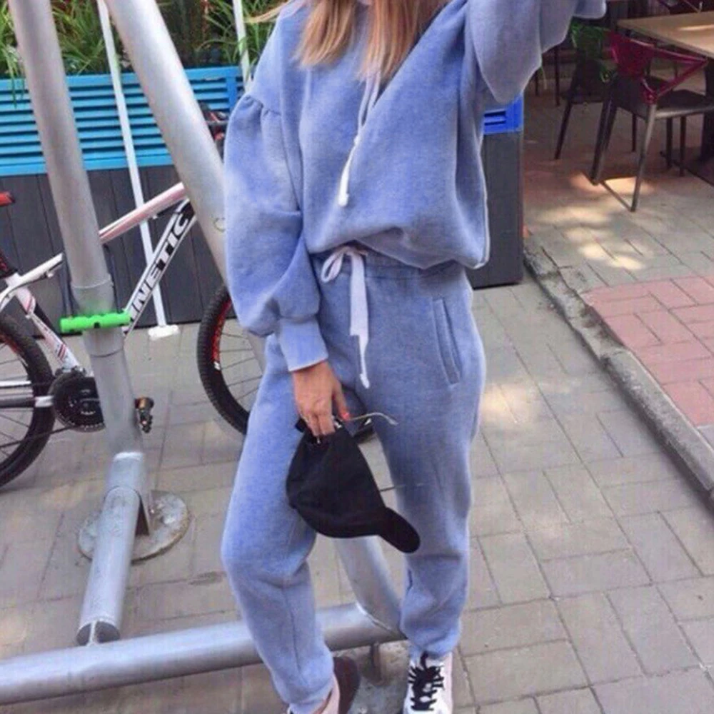 Женский модный Одноцветный спортивный костюм комплект из 2 предметов Осенний