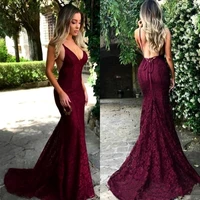 glamorous burgundy maroon lace formal wear evening gowns 2020 sexy open back mermaid long straps v neck prom dresses