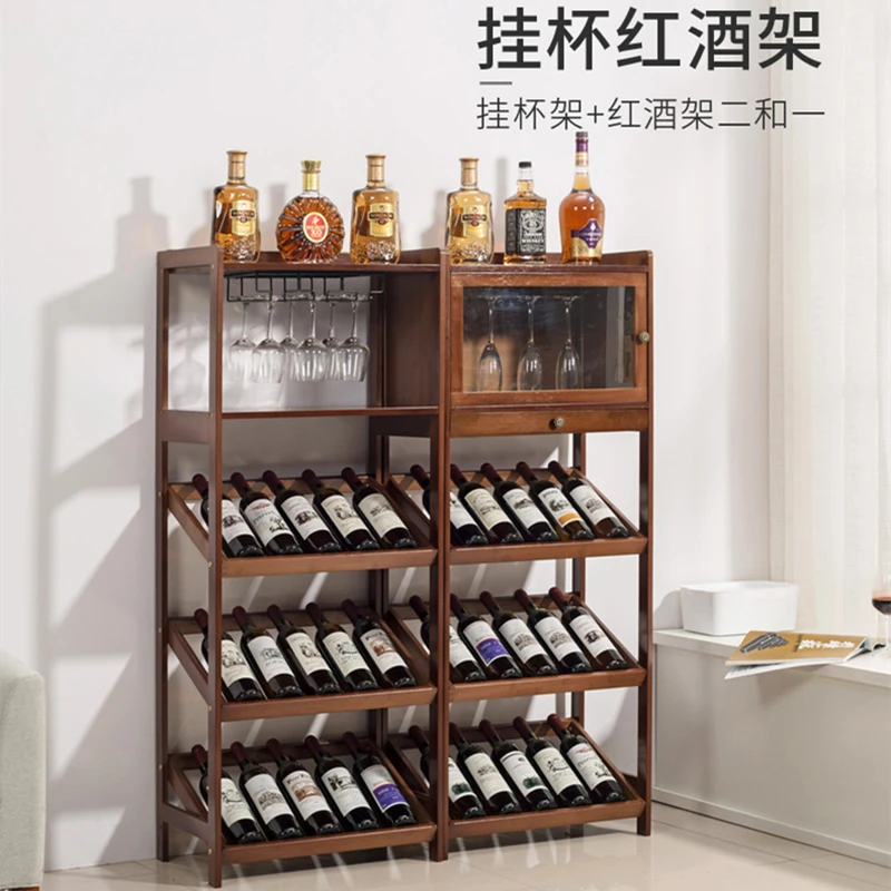 

53x33x130cm Wine Cabinet with Stainless Steel Cup Holder Single Door Restaurant Small Wine Shelf Solid Wood LivingRoom WineCase