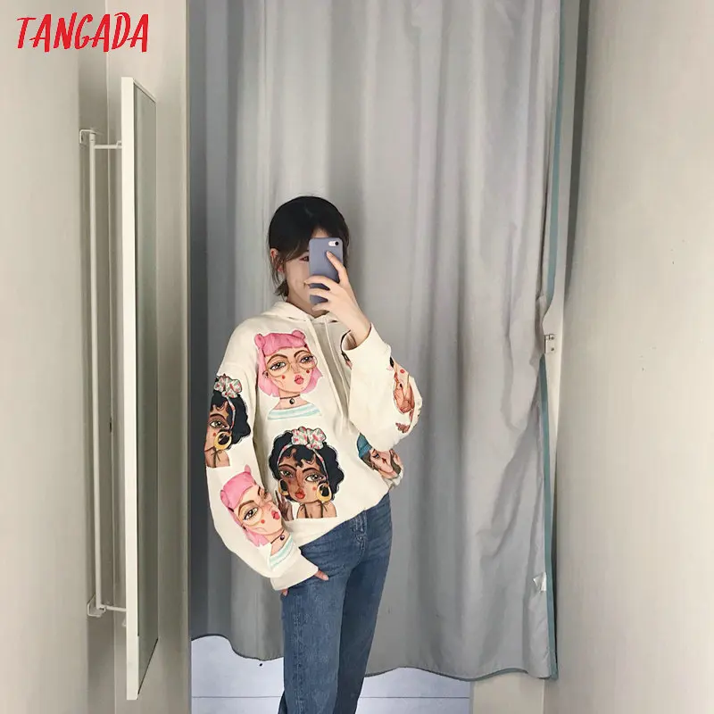 Tangada для женщин мультфильм печати белые кофты оверсайз с длинным рукавом свободный капюшон пуловеры повседневные женские топы CE110