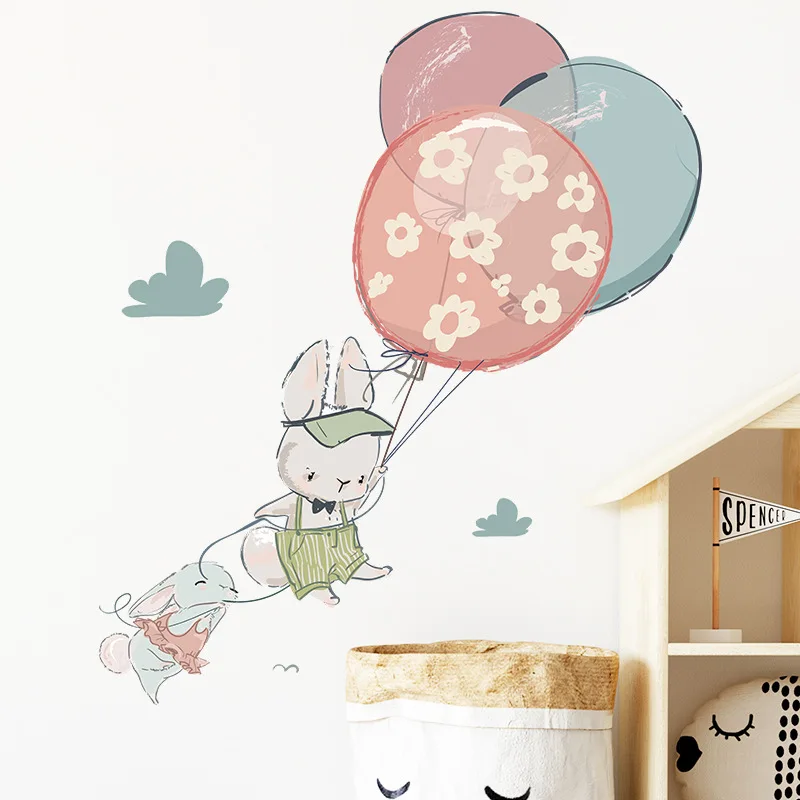 Cartoon Balloon Bunny Animals Wall Stickers Kids Room Decoration Baby Nursery Bedroom Living Room House Decor PVC Kids Stickers