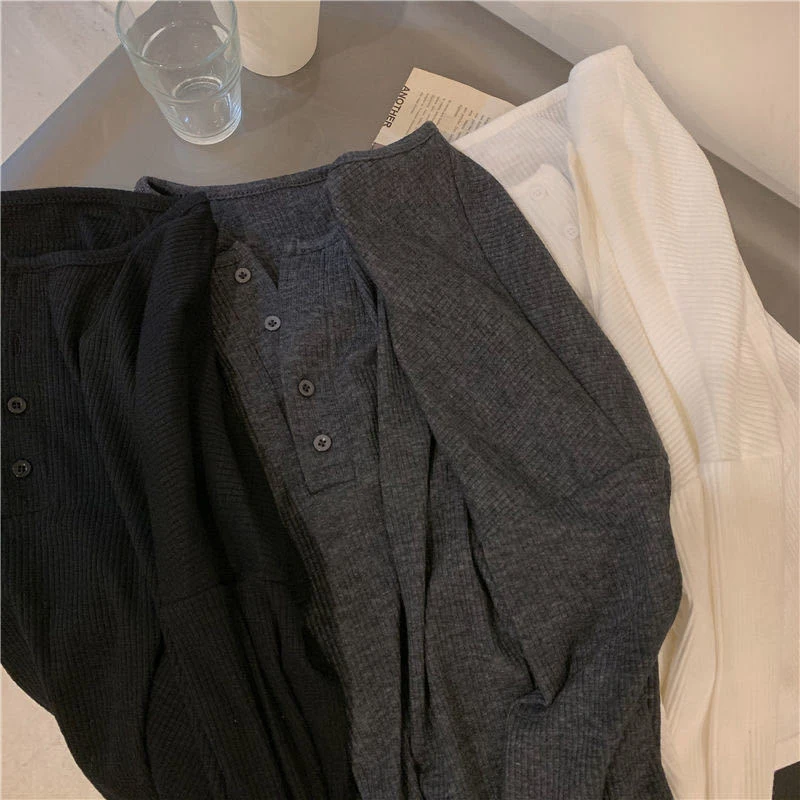 

Long Sleeve Ribbed Solid T-Shirt Women Casual Single-Breasted O-Neck Loose Spring Tops Korean Style Basic Jumper Tee Female