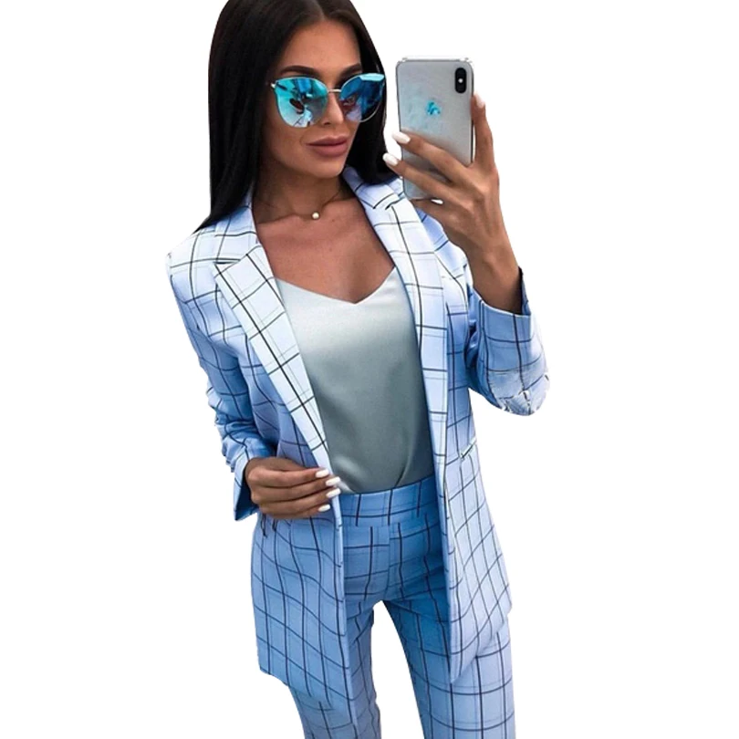 MVGIRLRU, клетчатый блейзер с длинным рукавом, комплект с брюками, Женская Осенняя рабочая одежда, женские костюмы из двух частей