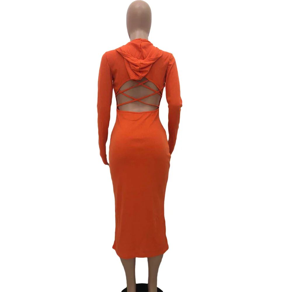

Women Autumn Winter Bodycon Ribbed Dresses 2021 Fashion Long Sleeve Hooded Stretchy Vestidos Elegant Backless V-neck Party Dress