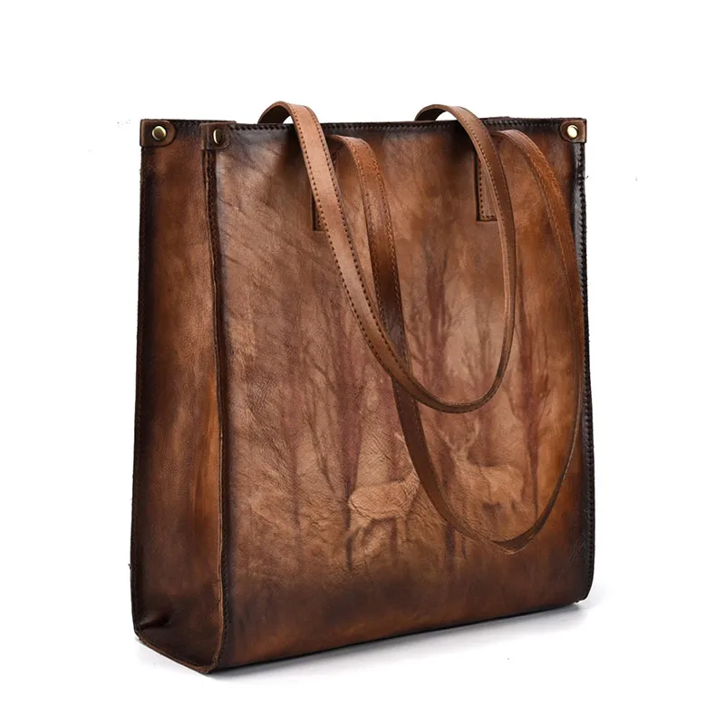 

American Vintage Women Genuine Leather Totes Large Real Leather Female Handbags Solid Brown Shoulder Bag Women Briefcases