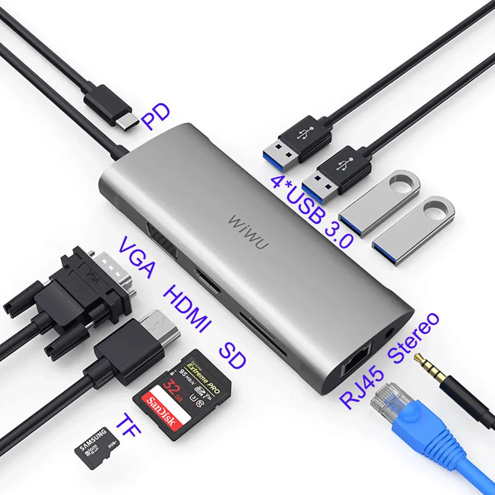 

WIWU 11 в 1 мультиконцентратор USB 3,0 для MacBook Pro USB адаптер док-станция зарядка Type-c концентратор HDMI RJ45 VGA USB разветвитель 3,0 USB C концентратор