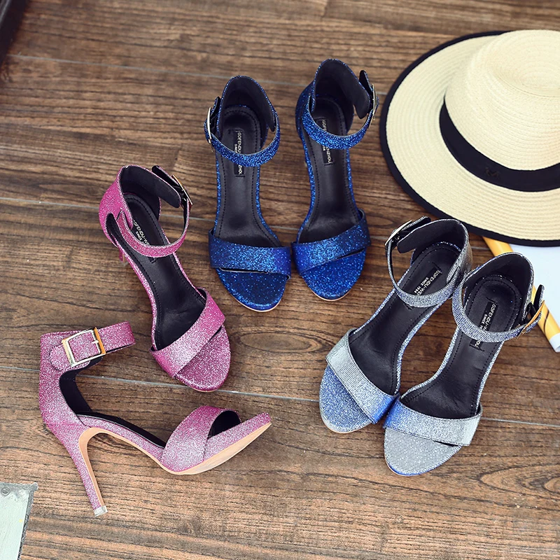 

2019 new European and American sequined peep-toe sandals for women summer stiletto heels with buckles zapatos de mujer E405