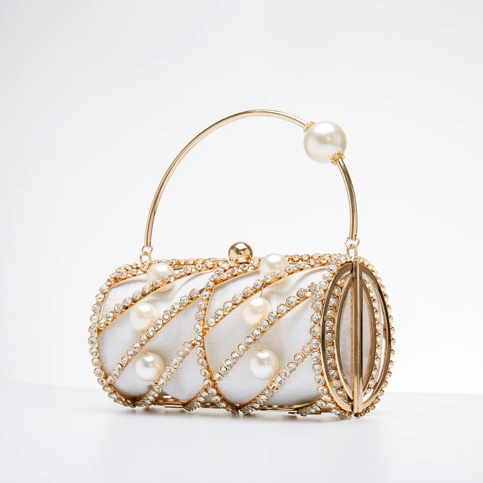 

Hollow Out Diamonds Evening Clutch Bag Women New Chic Small Barrel Shaped Metal Cage Handbag Round Rhinestone Purse Wedding