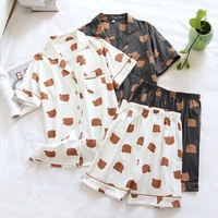 new summer couple 100 cotton pajamas two piece thin short sleeved shorts ladies knitted cartoon bear mens home service set