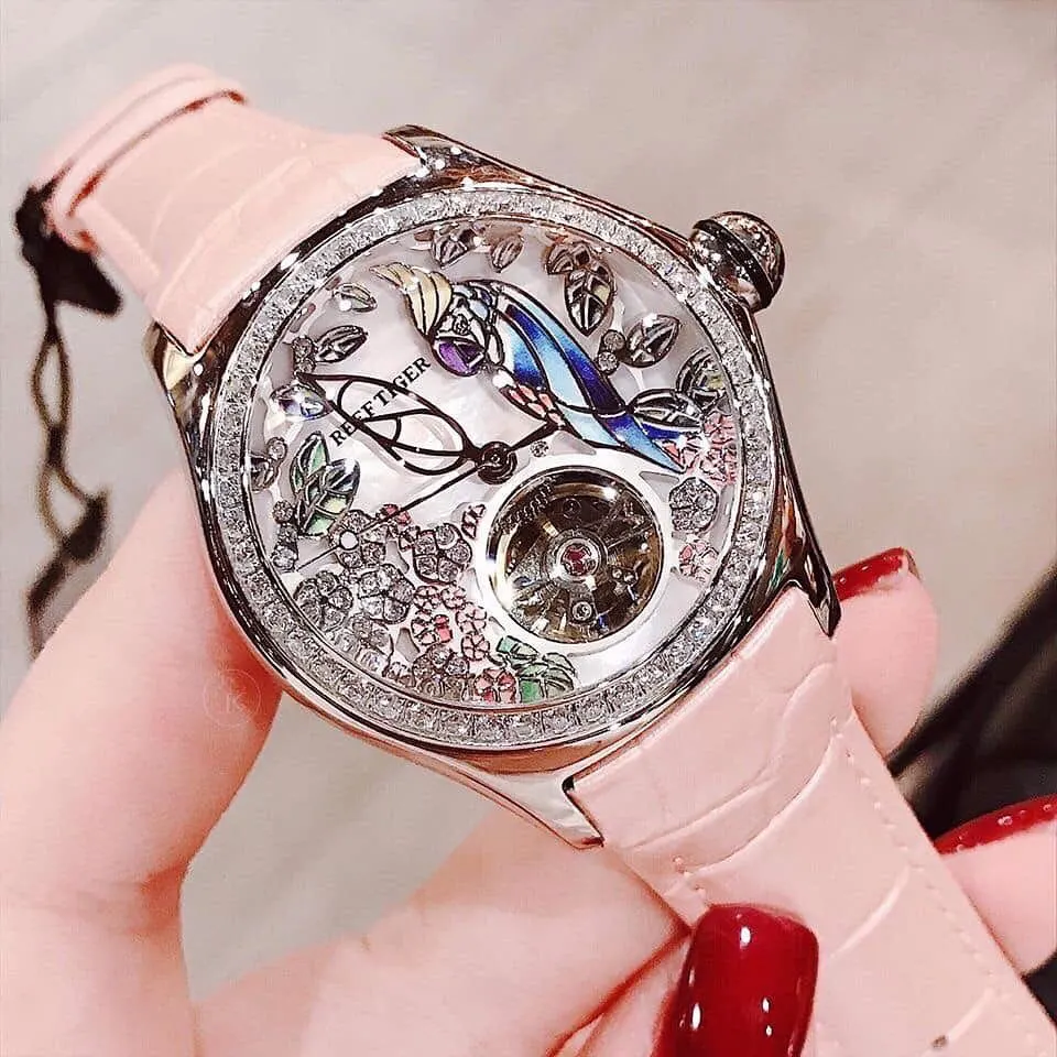 Reef Tiger/RT-relojes de moda de lujo para mujer, relojes impermeables, esfera rosa con diamantes, Tourbillon automático, RGA7105