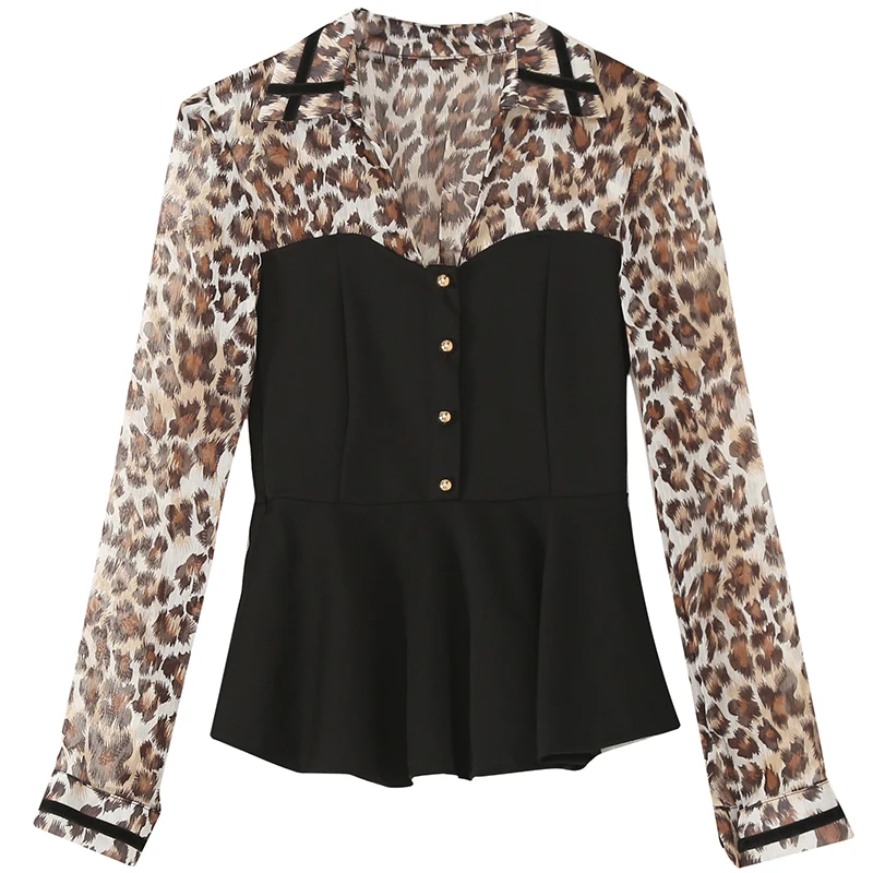 

Leopard Patchwork Women Blouse Fake Two Pieces V-neck Peplum Ruffles Slim Waist Long Sleeve New Autumn Shirt Women Tops T98491