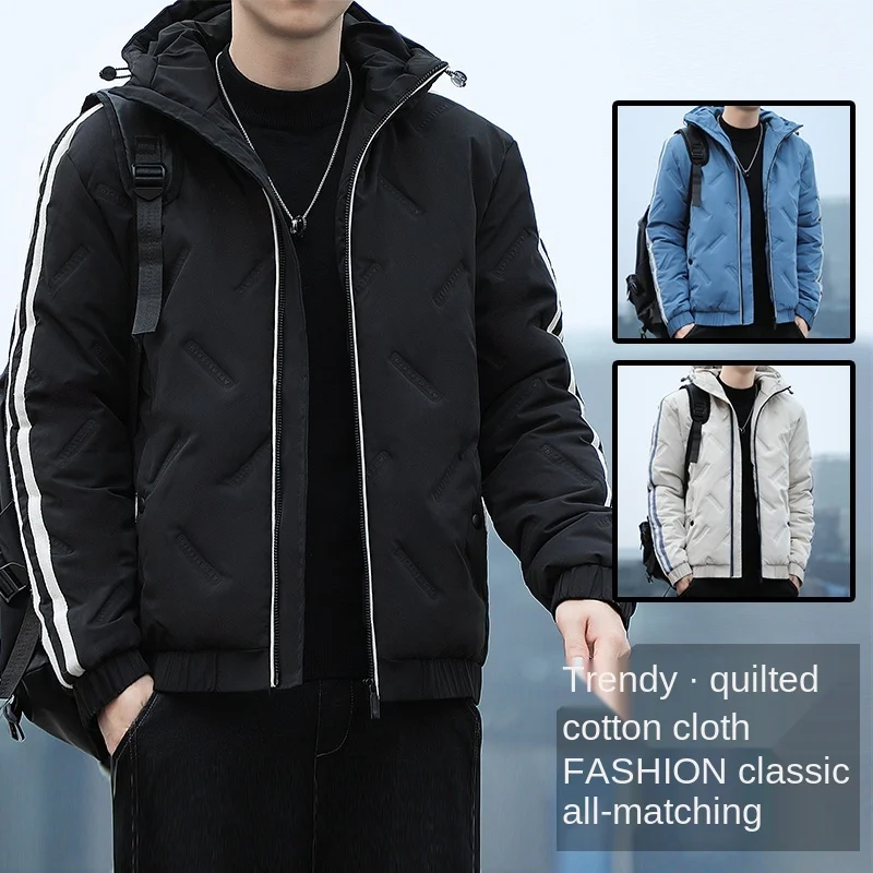 2021 winter new down thickened hooded cotton padded clothes men's two bar coat cotton padded clothes men's cotton padded jacket