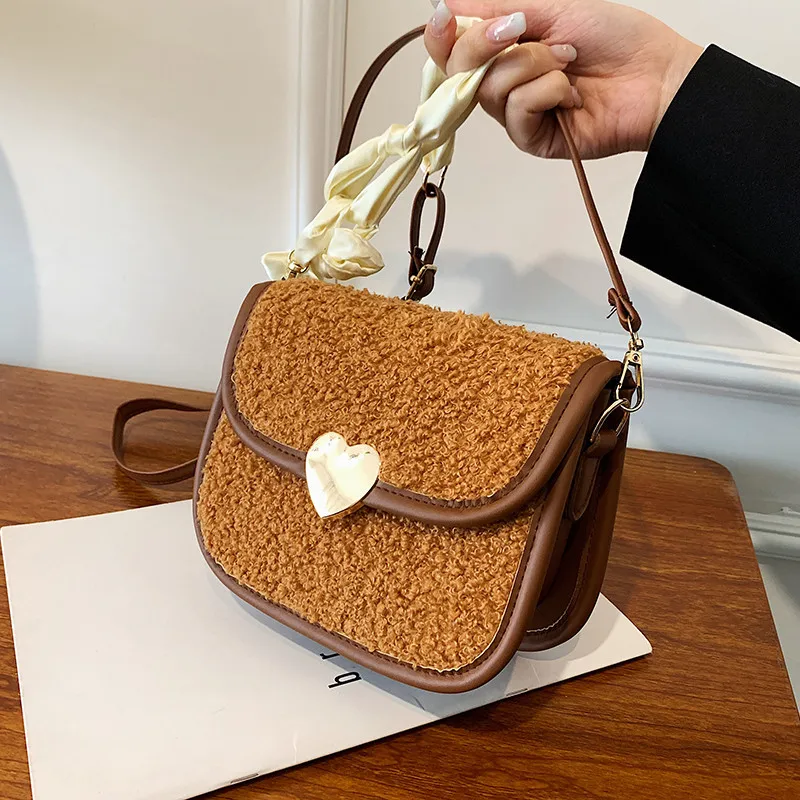 

Fashion New Women's Bag Lamb Hair Portable Leather Female Tote Shoulder Messenger Slung Handbag silk scarf chain simple bag