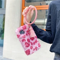 for iphone 12 mini 11 pro xs max xr x 8 7 6 6s plus se leopard fluffy fur big circle leather hand ring tassel pendant case cover