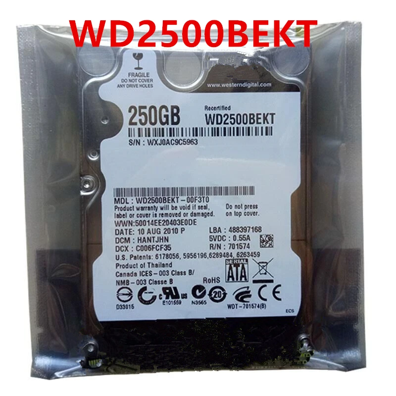 

Оригинальный Новый HDD для WD 250GB 2,5 "SATA 3 ГБ/сек. 16MB 7200RPM 9,5 мм для внутреннего жесткого диска для ноутбука HDD для WD2500BEKT