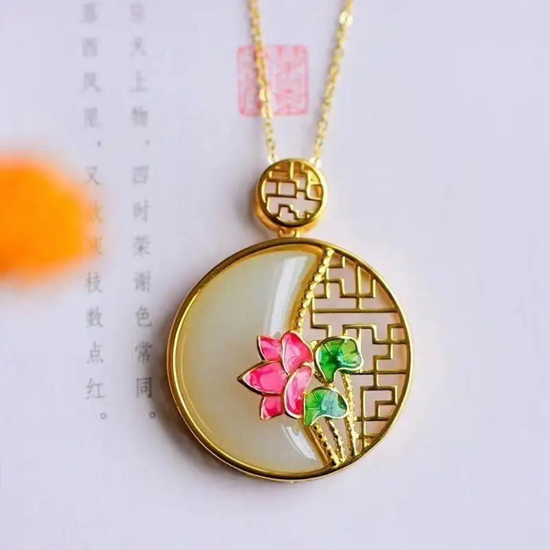 

Lotus Pond Moonlight Hotian Jade Pendant Necklace Women's S925 Sterling Silver Inlaid Yellow Gold Necklace Jade Pendant Ornament