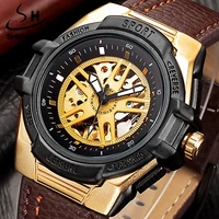 shenhua luxury waterproof vintage special pattern genuine leather bracelet men sport leisure automatic mechanical hollow watches