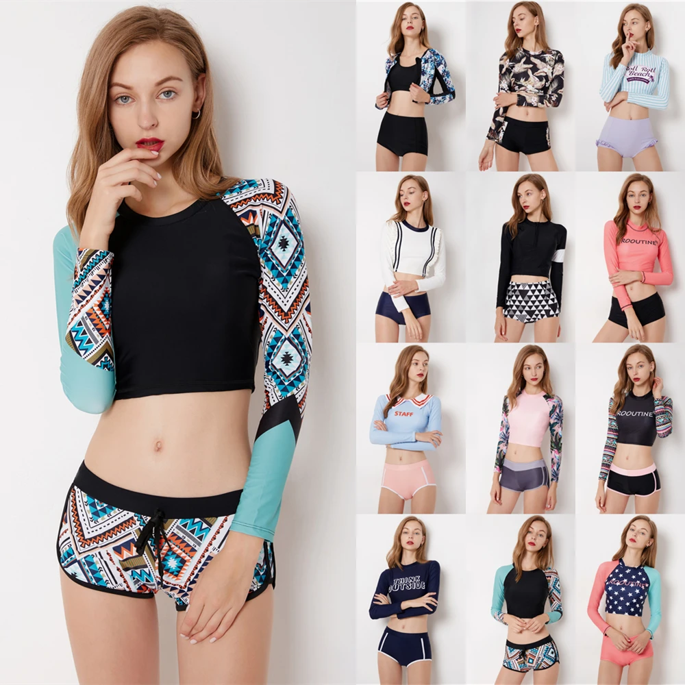 Женский купальный костюм из двух частей пляжный с длинным рукавом шорты принтом