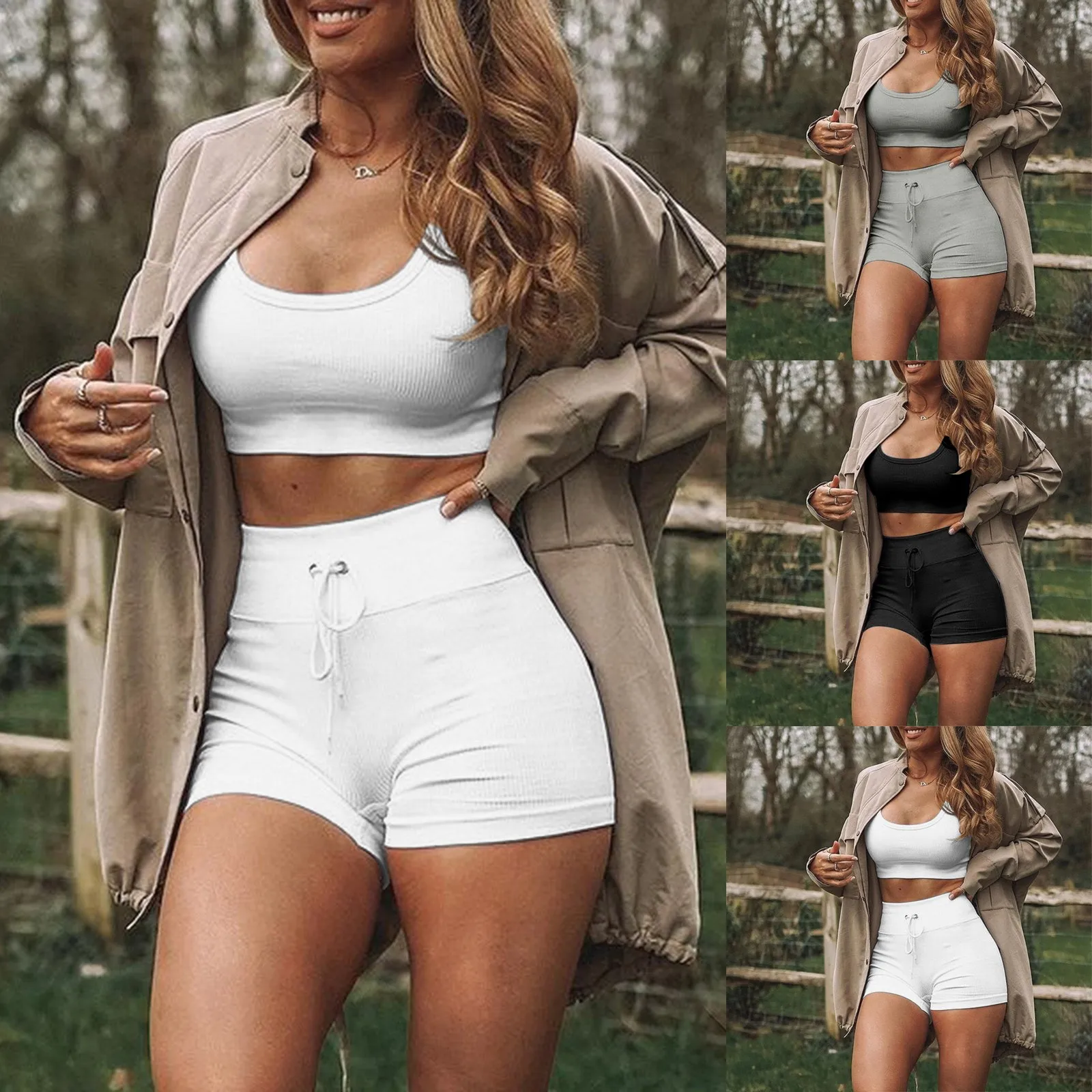 

Набор для тренировок для женщин, комплект из 2 предметов, Бесшовные ребристые шорты с высокой талией и завязками, спортивные комплекты для ф...