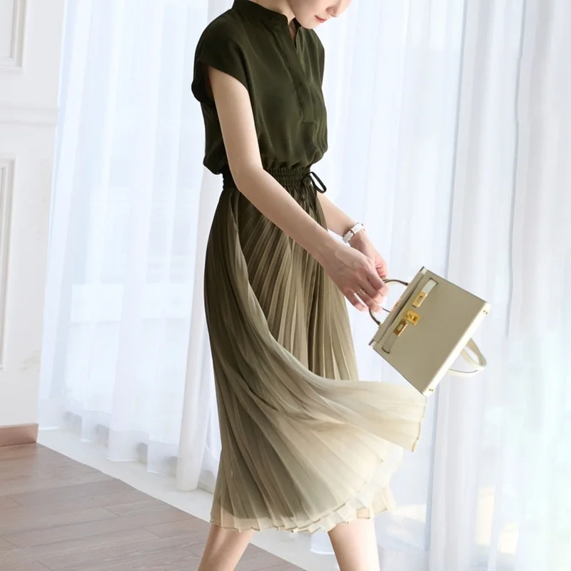 

Women Dress 2022 Summer Pleated Long Dress Short Sleeve Ladies Fashion Pullover OL Commuting Korean Female Clothes New 15337