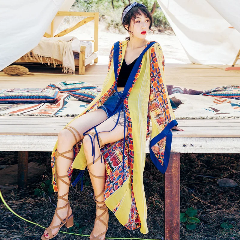 Летнее женское кимоно блузка с капюшоном длинным рукавом цветочным принтом