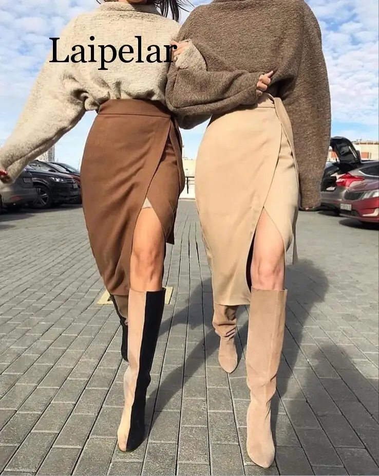 Женская замшевая длинная юбка сезон осень зима асимметричный разрез коричневая