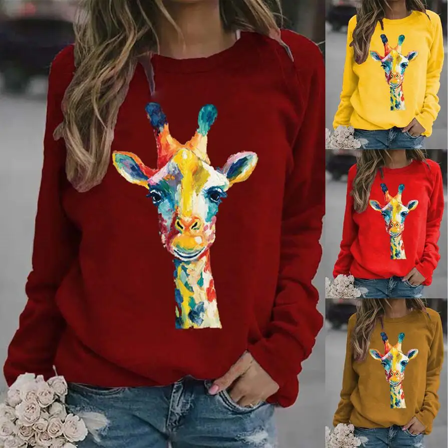 

Women Hoodie Oil Painting Giraffe Printed Hoodies Women Fleece Long Sleeve O Neck Loose Sweatshirt Girls Pullovers Autumn Winter